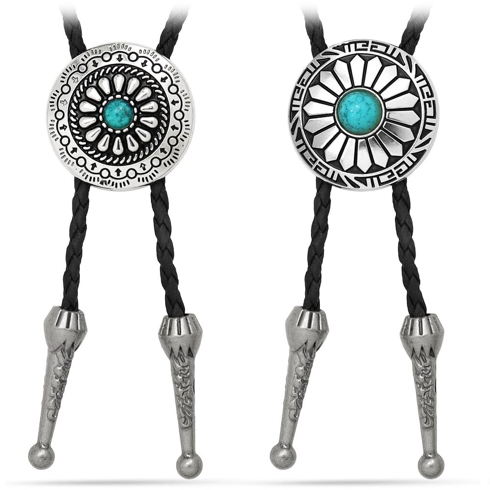 7575 2 Piece Bolo Tie Turquoise Obsidian Handmade Leather Bolo Ties Western